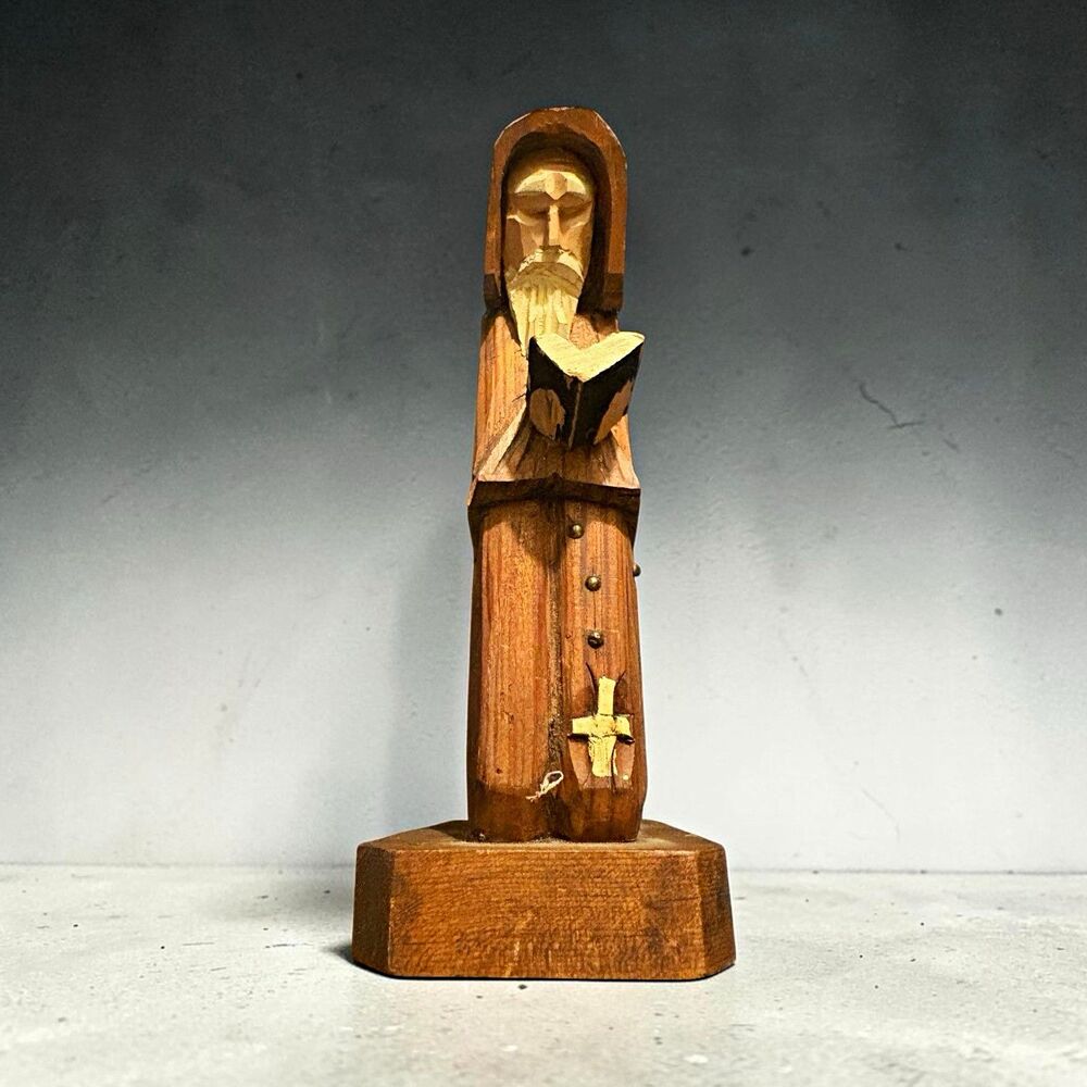 Vintage Mexican Folk Art Hand Carved Wood Monk Priest Friar Reading Bible 8"